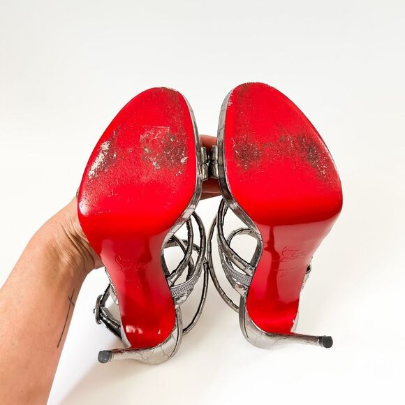 Christian Louboutin Cleissimo Leather Silver Sandals Heels Size 37, 7 - Picture 9 of 10